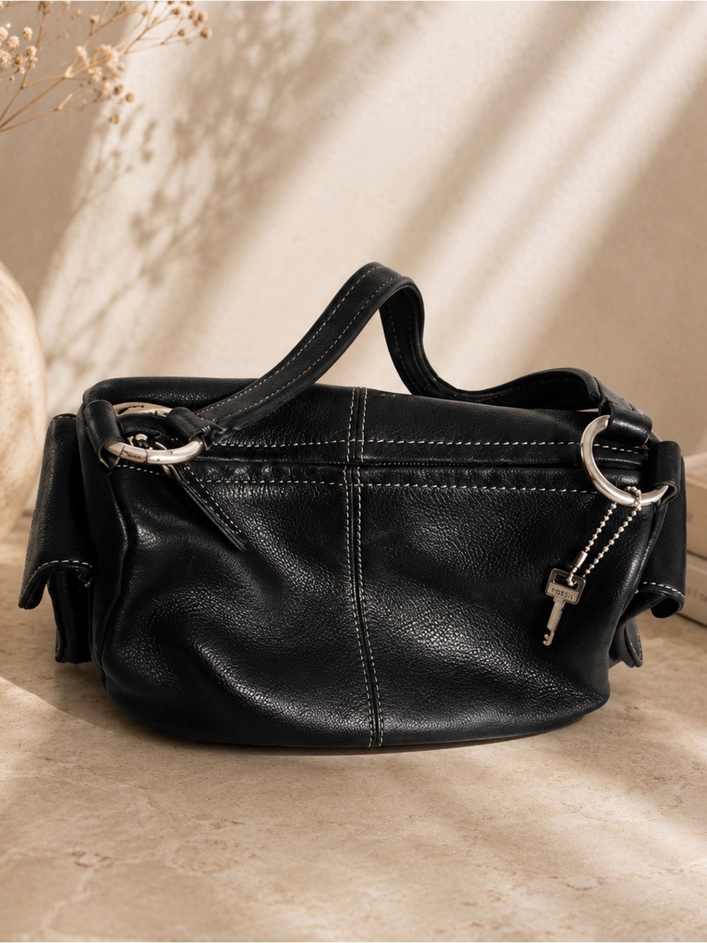 vintage Fossil Black Leather Barrel Shoulder Bag
